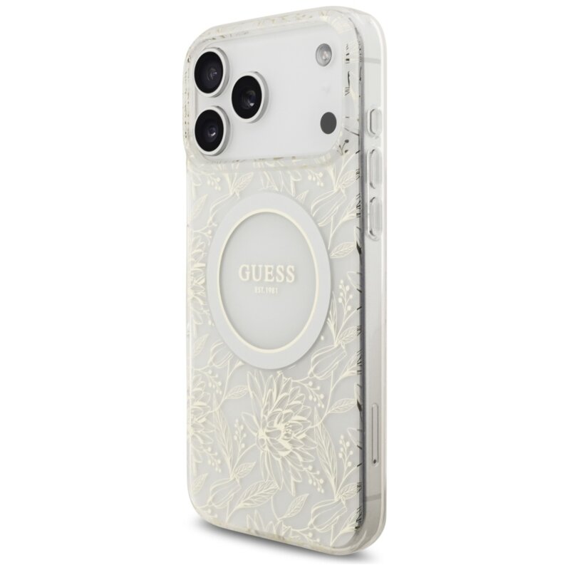 Husa iPhone 17 Pro Max originala Guess IML Flowers Allover Electroplated with Pearl Strap MagSafe, alb, GUHMP17XHCPOFPH