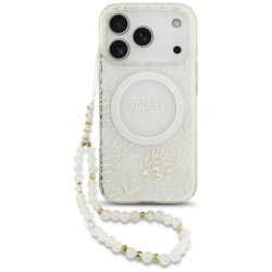 Husa iPhone 17 Pro originala Guess IML Flowers Allover Electroplated with Pearl Strap MagSafe, alb, GUHMP17LHCPOFPH