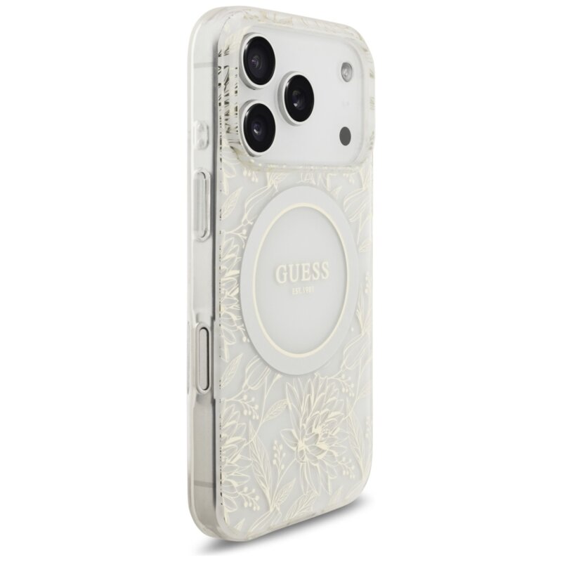 Husa iPhone 17 Pro originala Guess IML Flowers Allover Electroplated with Pearl Strap MagSafe, alb, GUHMP17LHCPOFPH