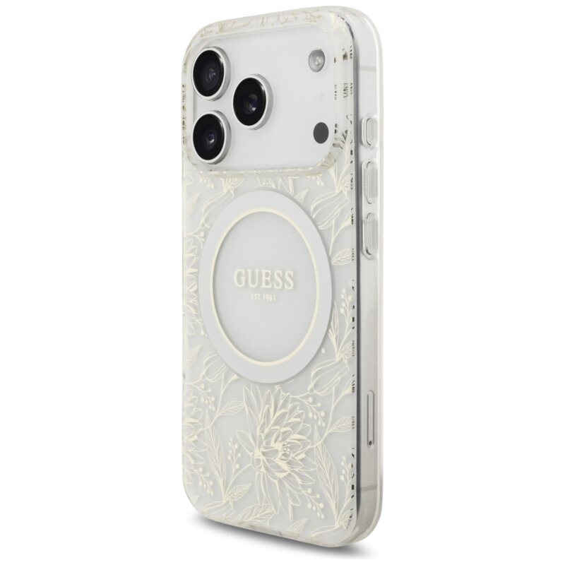 Husa iPhone 17 Pro originala Guess IML Flowers Allover Electroplated with Pearl Strap MagSafe, alb, GUHMP17LHCPOFPH