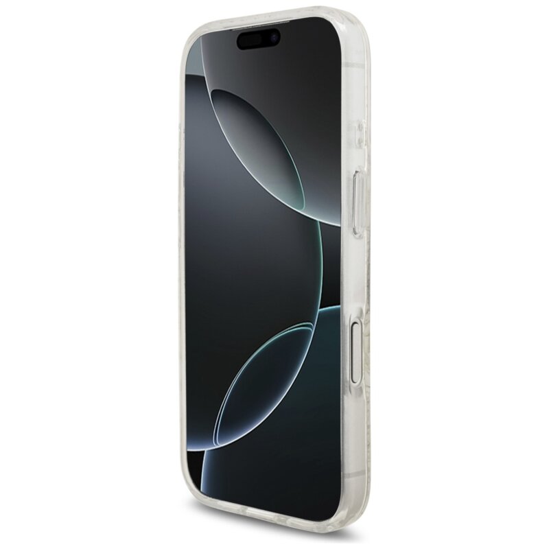 Husa iPhone 17 Pro originala Guess IML Flowers Allover Electroplated with Pearl Strap MagSafe, alb, GUHMP17LHCPOFPH