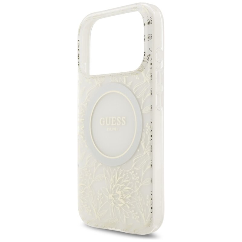 Husa iPhone 17 Pro originala Guess IML Flowers Allover Electroplated with Pearl Strap MagSafe, alb, GUHMP17LHCPOFPH