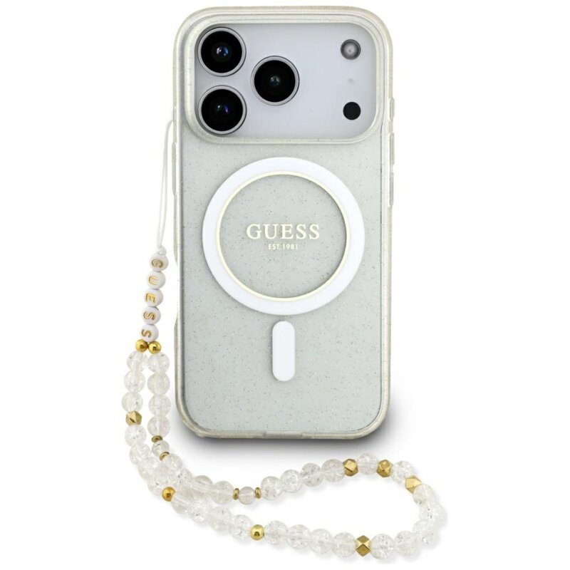 Husa iPhone 17 Pro Max originala Guess IML Glitter with Pearl Strap MagSafe, transparent, GUHMP17XHGCRELST