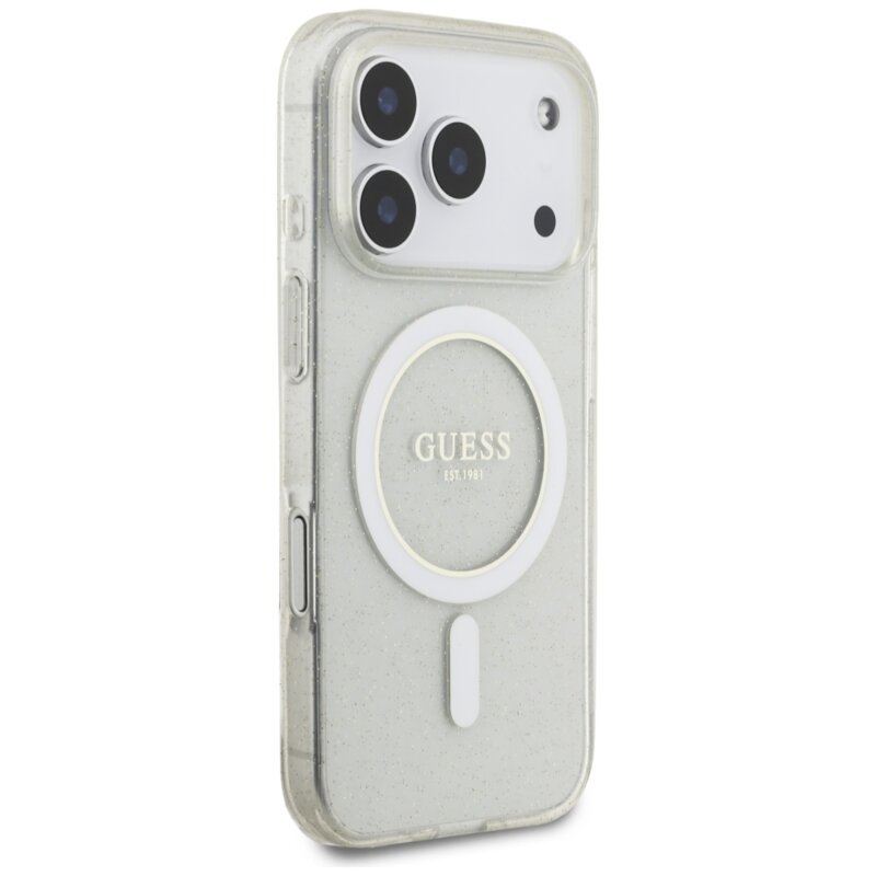 Husa iPhone 17 Pro Max originala Guess IML Glitter with Pearl Strap MagSafe, transparent, GUHMP17XHGCRELST