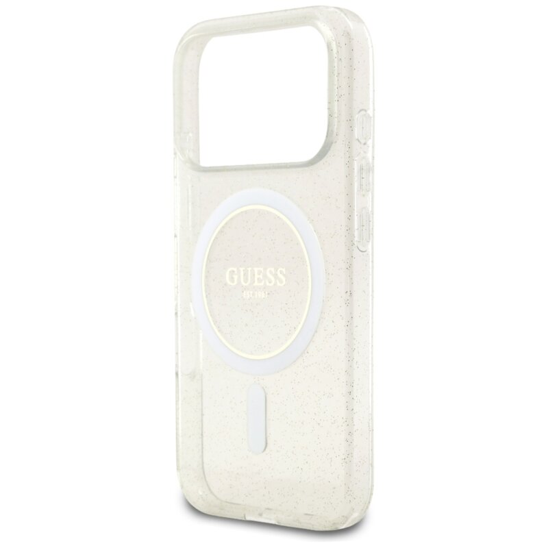 Husa iPhone 17 Pro Max originala Guess IML Glitter with Pearl Strap MagSafe, transparent, GUHMP17XHGCRELST