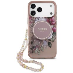 Husa iPhone 17 Pro Max originala Guess IML Flowers with Pearl Strap MagSafe, roz, GUHMP17XHFWBRCESP