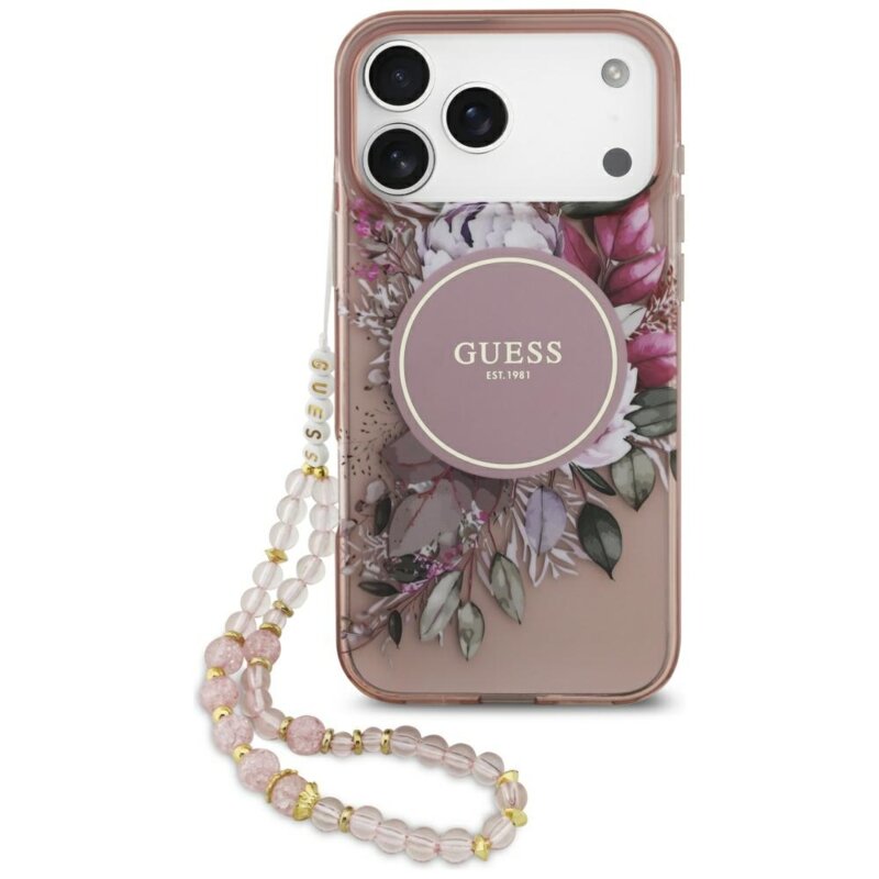Husa iPhone 17 Pro Max originala Guess IML Flowers with Pearl Strap MagSafe, roz, GUHMP17XHFWBRCESP