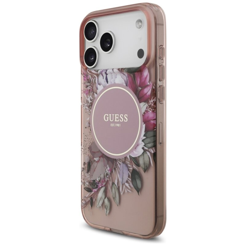 Husa iPhone 17 Pro Max originala Guess IML Flowers with Pearl Strap MagSafe, roz, GUHMP17XHFWBRCESP