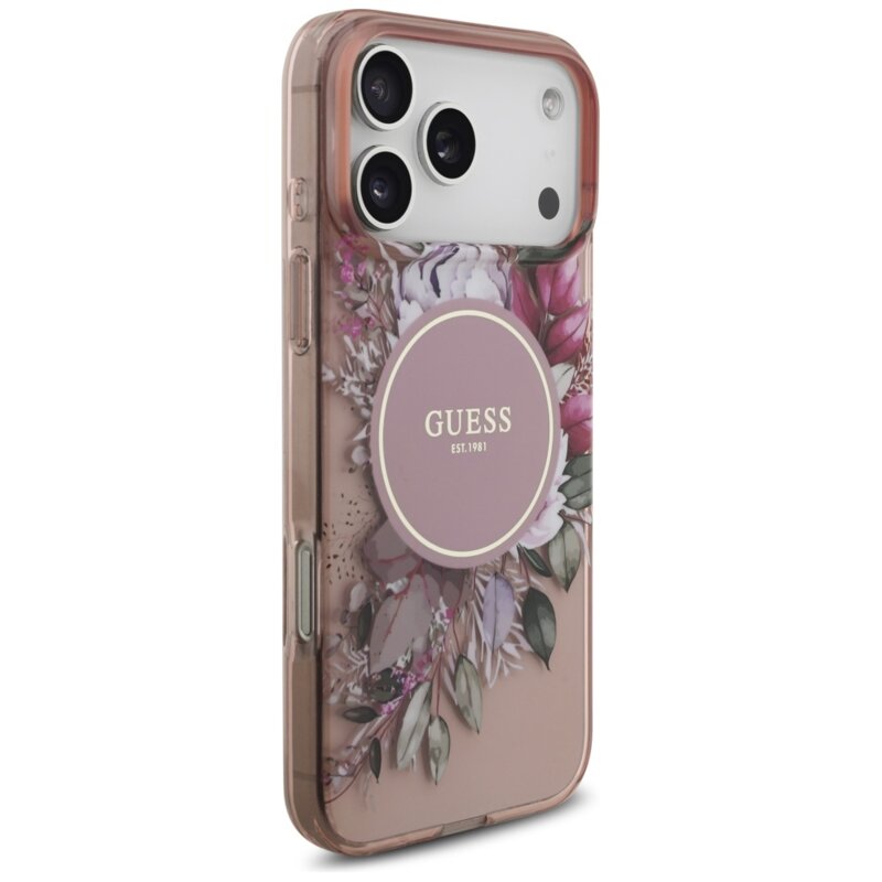 Husa iPhone 17 Pro Max originala Guess IML Flowers with Pearl Strap MagSafe, roz, GUHMP17XHFWBRCESP