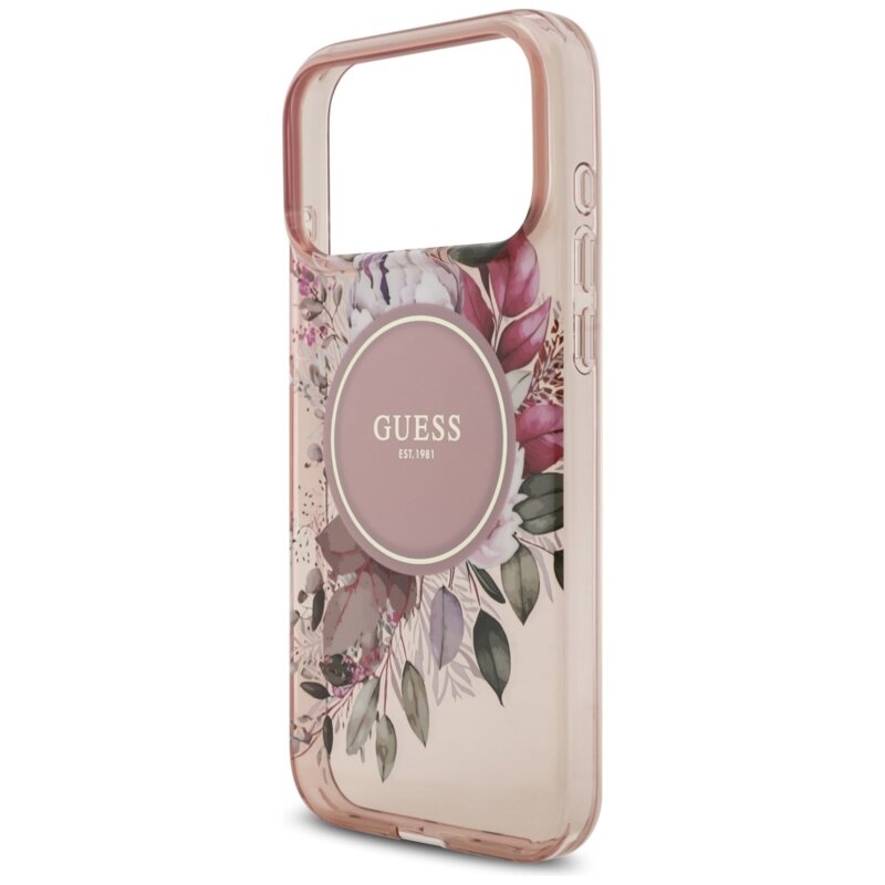 Husa iPhone 17 Pro Max originala Guess IML Flowers with Pearl Strap MagSafe, roz, GUHMP17XHFWBRCESP
