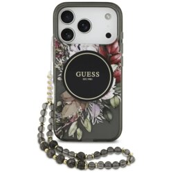 Husa iPhone 17 Pro originala Guess IML Flowers with Pearl Strap MagSafe, negru, GUHMP17LHFWBRCESK