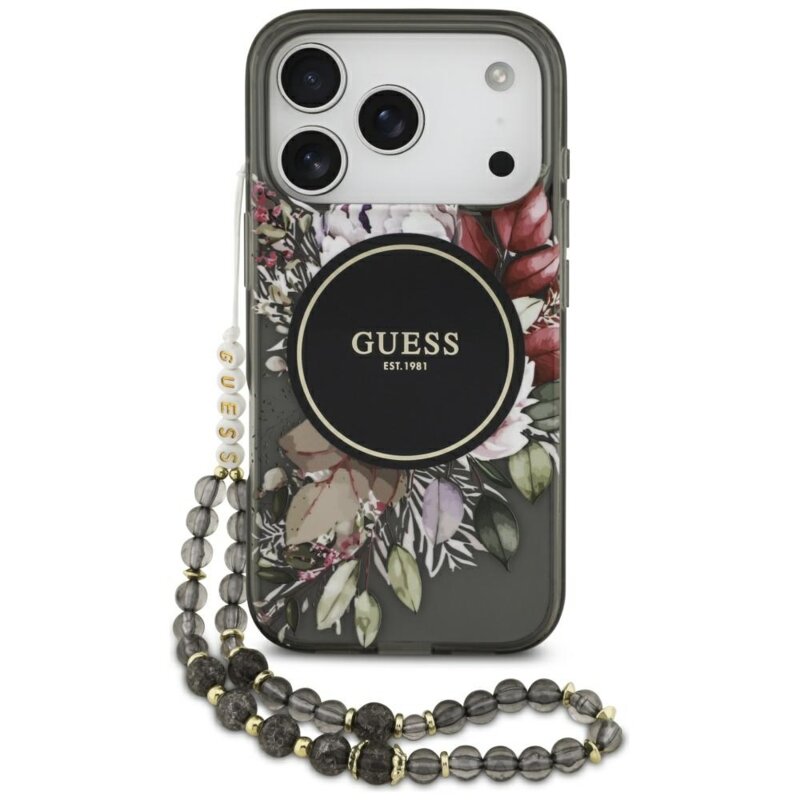 Husa iPhone 17 Pro originala Guess IML Flowers with Pearl Strap MagSafe, negru, GUHMP17LHFWBRCESK