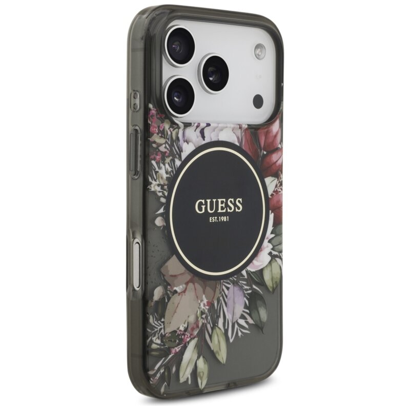 Husa iPhone 17 Pro originala Guess IML Flowers with Pearl Strap MagSafe, negru, GUHMP17LHFWBRCESK
