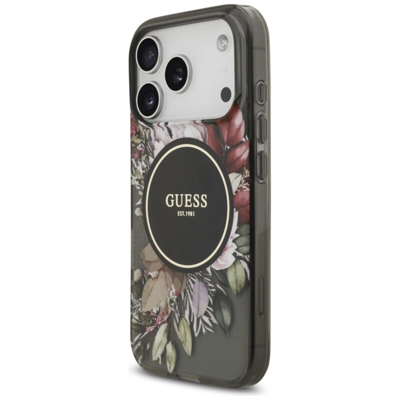 Husa iPhone 17 Pro originala Guess IML Flowers with Pearl Strap MagSafe, negru, GUHMP17LHFWBRCESK