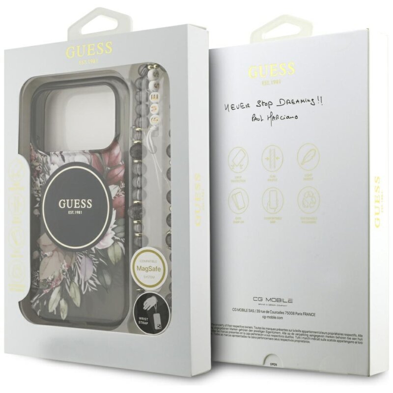 Husa iPhone 17 Pro originala Guess IML Flowers with Pearl Strap MagSafe, negru, GUHMP17LHFWBRCESK