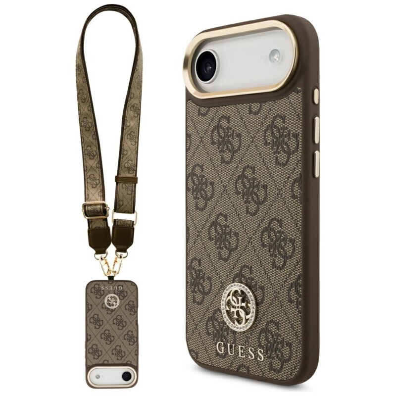 Husa originala Guess iPhone 17 Air 4G Strass Logo with Big Strap Metal Button MagSafe, maro, GUHMP17MP4G4DCSW