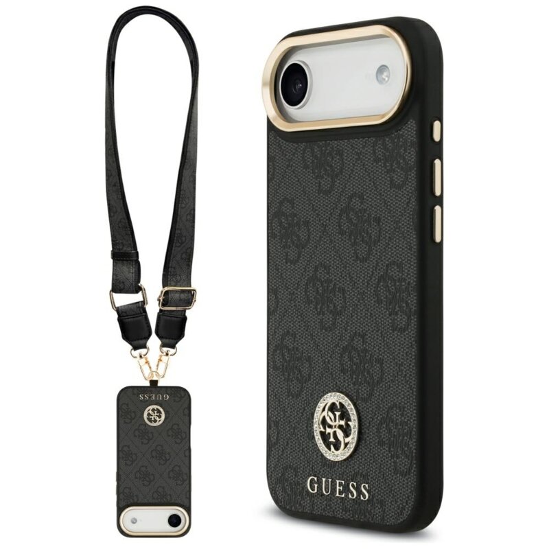 Husa originala Guess iPhone 17 Air 4G Strass Logo with Big Strap Metal Button MagSafe, negru, GUHMP17MP4G4DCSK