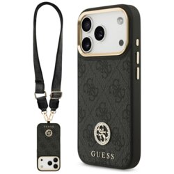 Husa originala Guess iPhone 17 Pro 4G Strass Logo with Big Strap Metal Button MagSafe, negru, GUHMP17LP4G4DCSK