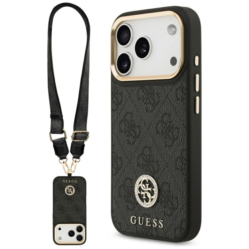Husa originala Guess iPhone 17 Pro 4G Strass Logo with Big Strap Metal Button MagSafe, negru, GUHMP17LP4G4DCSK