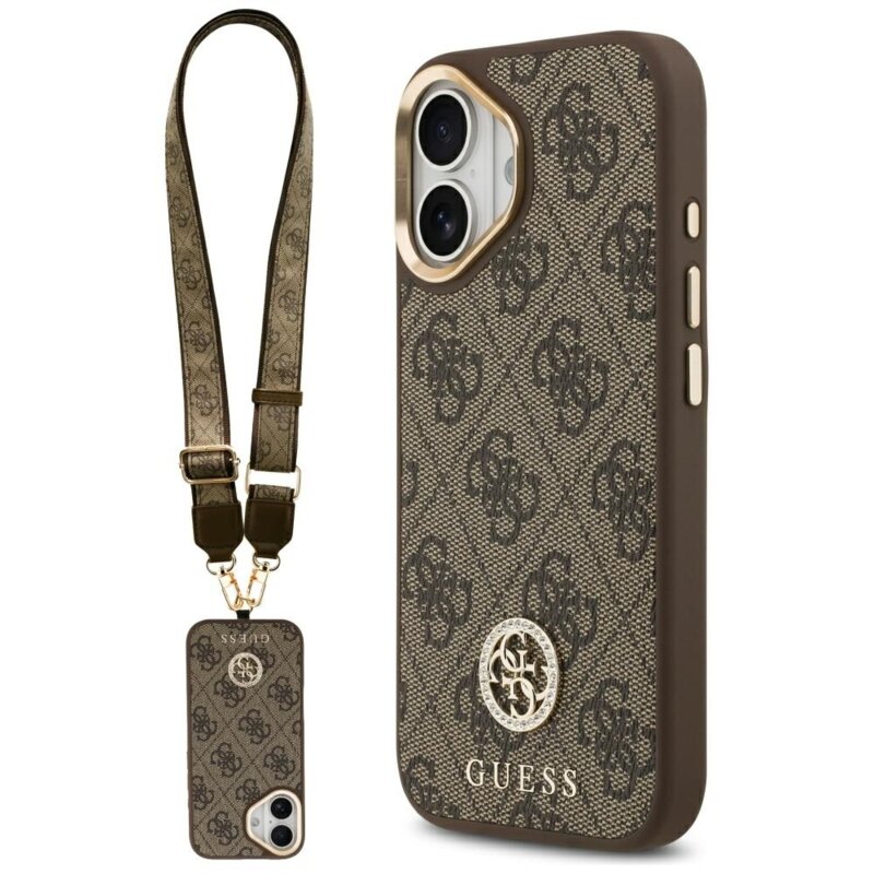 Husa originala Guess iPhone 17 4G Strass Logo with Big Strap Metal Button MagSafe, maro, GUHMP17SP4G4DCSW