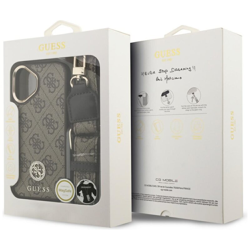 Husa originala Guess iPhone 17 4G Strass Logo with Big Strap Metal Button MagSafe, maro, GUHMP17SP4G4DCSW