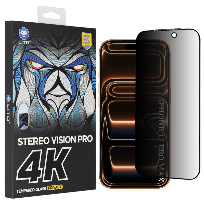 Folie sticla iPhone 17 Pro Max Lito D+ Max 4K Privacy, negru