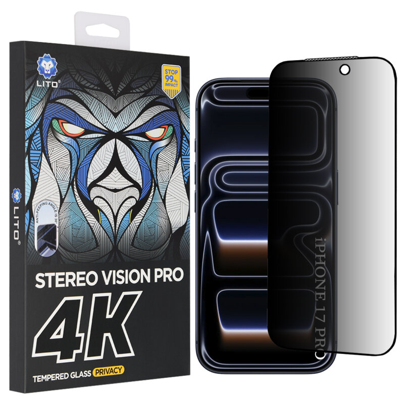 Folie sticla iPhone 17 Pro Lito D+ Max 4K Privacy, negru