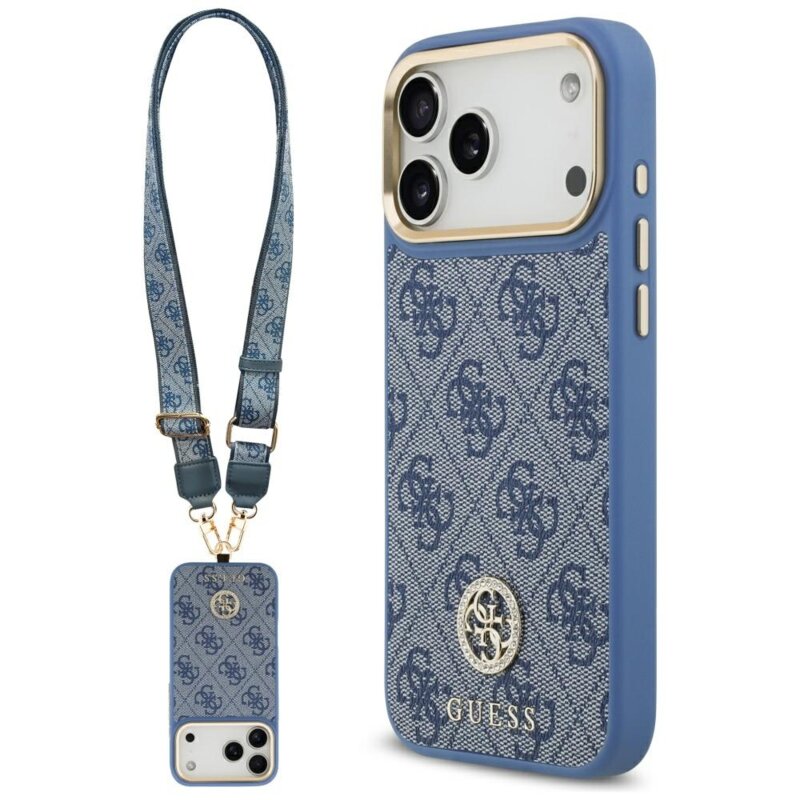 Husa originala Guess iPhone 17 Pro Max 4G Strass Logo with Big Strap Metal Button MagSafe, albastru, GUHMP17XP4G4DCSB