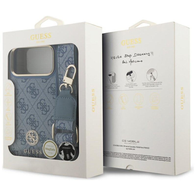 Husa originala Guess iPhone 17 Pro Max 4G Strass Logo with Big Strap Metal Button MagSafe, albastru, GUHMP17XP4G4DCSB