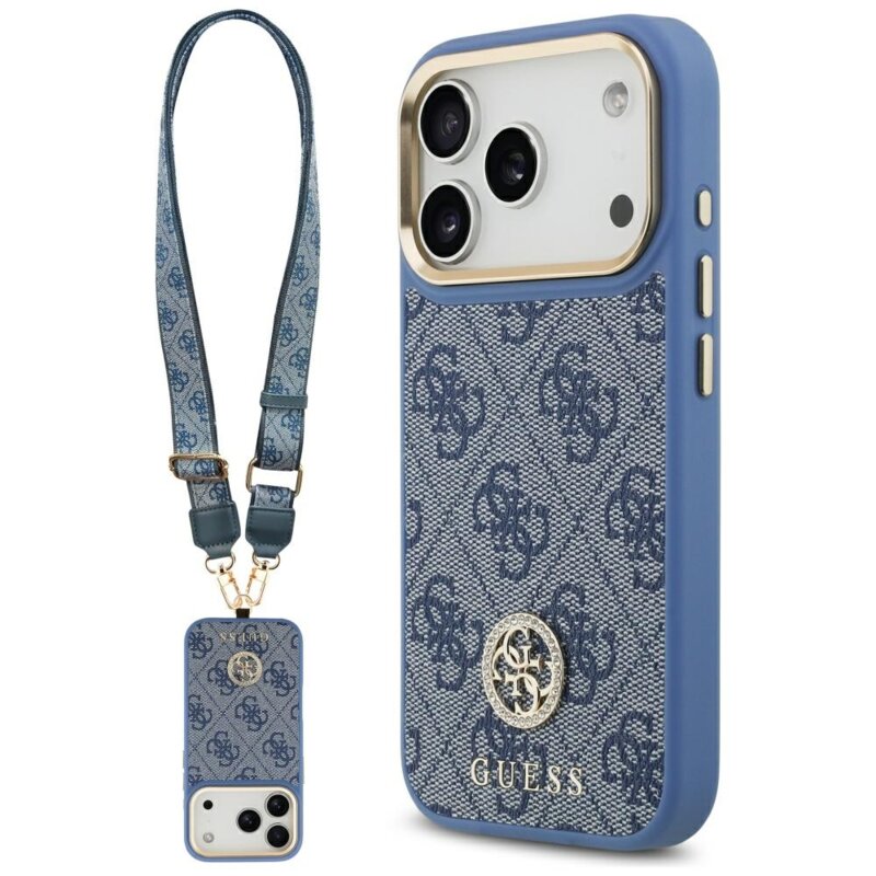 Husa originala Guess iPhone 17 Pro  4G Strass Logo with Big Strap Metal Button MagSafe, albastru, GUHMP17LP4G4DCSB