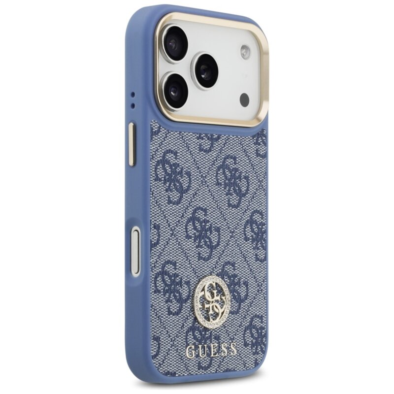 Husa originala Guess iPhone 17 Pro  4G Strass Logo with Big Strap Metal Button MagSafe, albastru, GUHMP17LP4G4DCSB