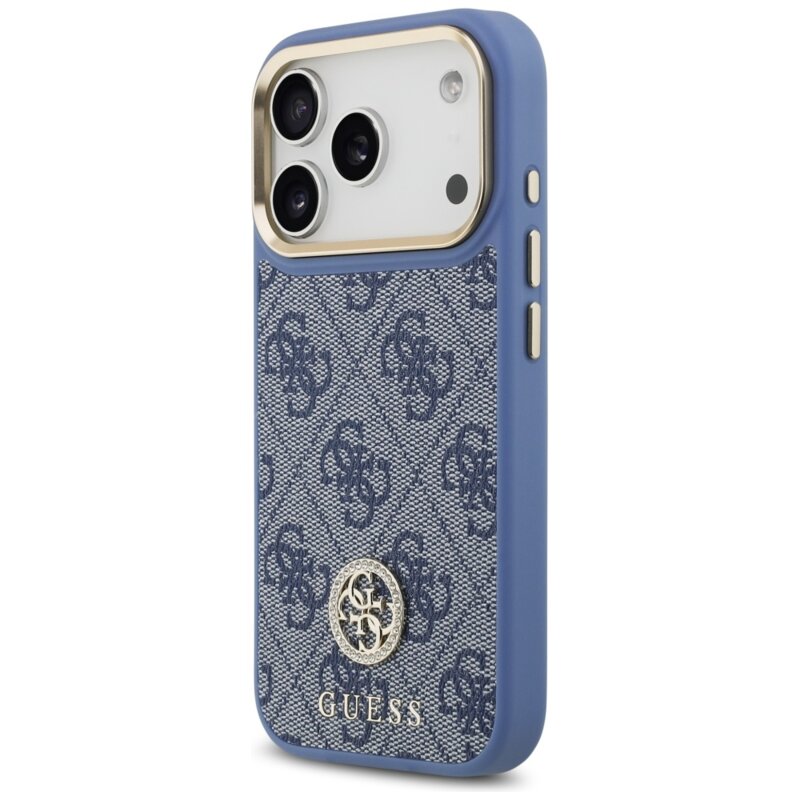Husa originala Guess iPhone 17 Pro  4G Strass Logo with Big Strap Metal Button MagSafe, albastru, GUHMP17LP4G4DCSB