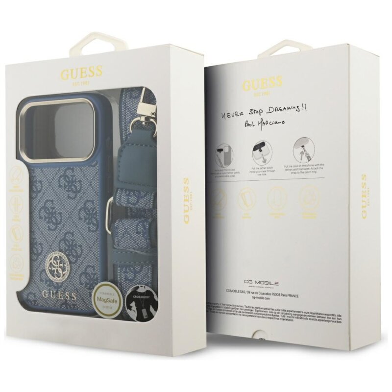 Husa originala Guess iPhone 17 Pro  4G Strass Logo with Big Strap Metal Button MagSafe, albastru, GUHMP17LP4G4DCSB