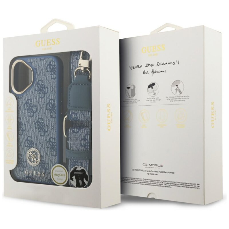 Husa originala Guess iPhone 17 4G Strass Logo with Big Strap Metal Button MagSafe, albastru, GUHMP17SP4G4DCSB