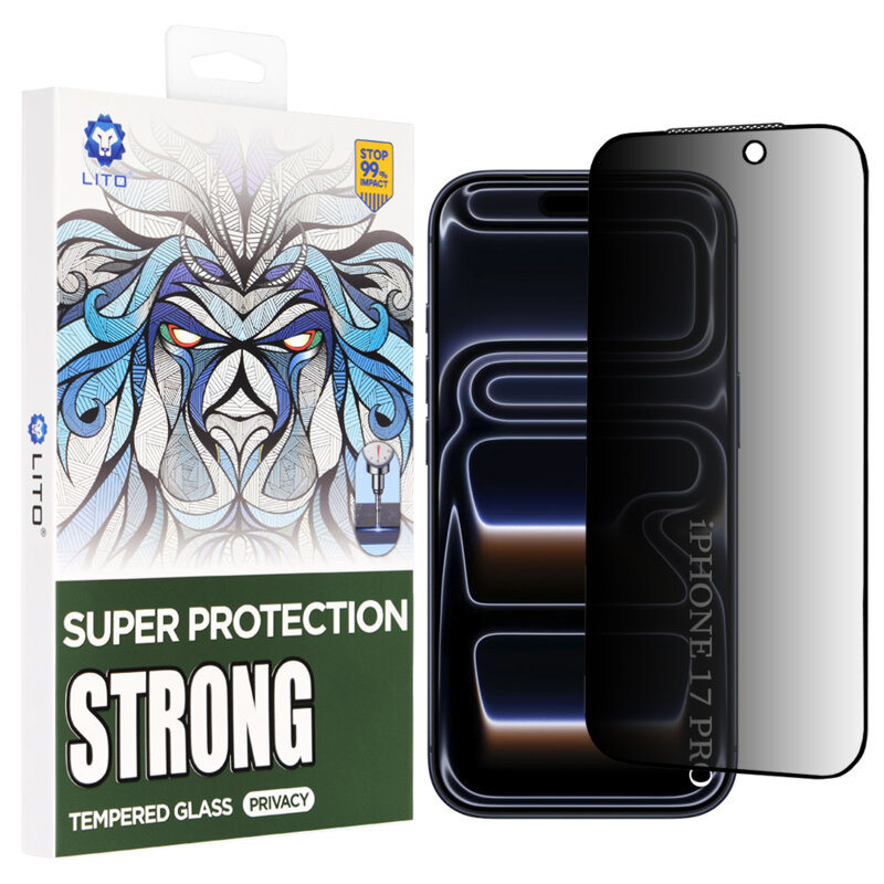 Folie sticla iPhone 17 Pro Lito D+ Max Strong Privacy, negru