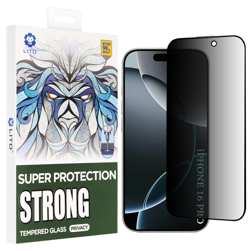 Folie sticla iPhone 16 Pro Lito D+ Max Strong Privacy, negru