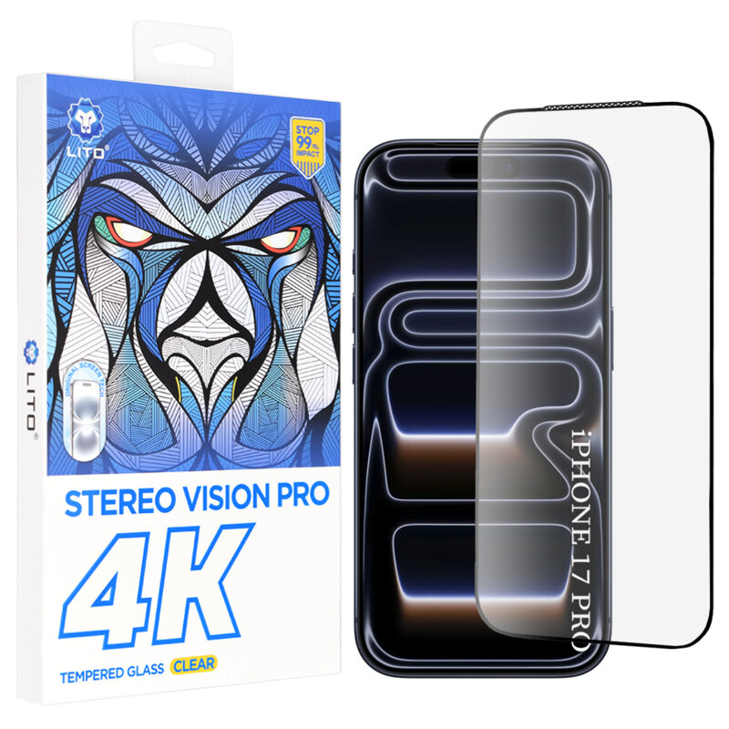 Folie sticla iPhone 17 Pro Lito D+ Max 4K, negru