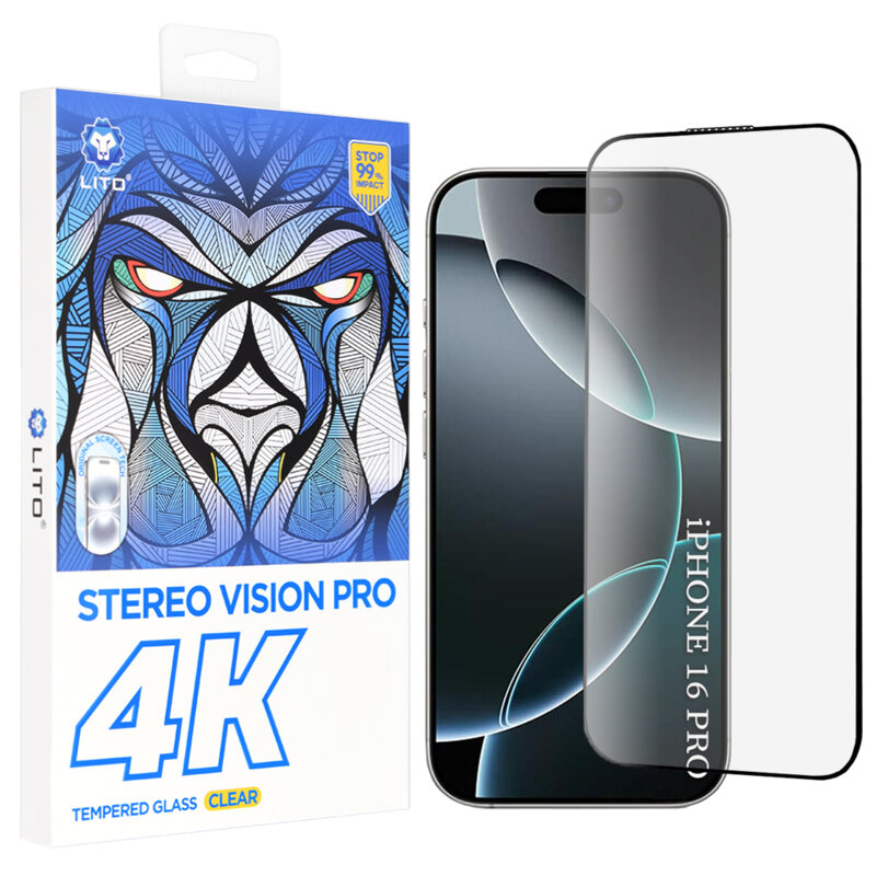 Folie sticla iPhone 16 Pro Lito D+ Max 4K, negru