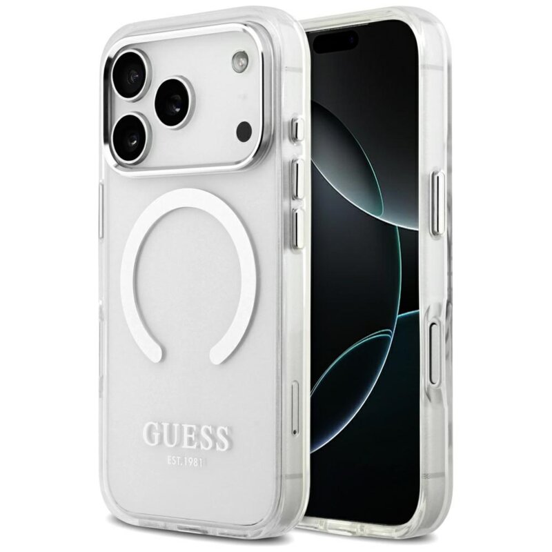 Husa iPhone 17 Pro originala Guess Metal Outline MagSafe, argintiu, GUHMP17LHTRMS