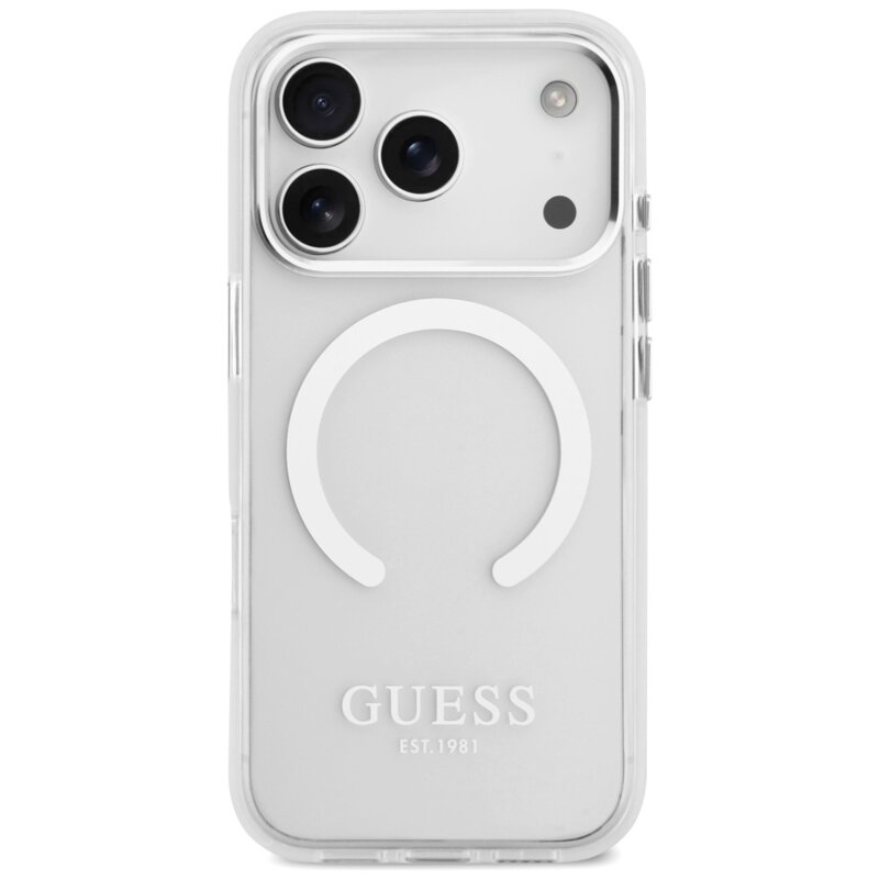 Husa iPhone 17 Pro originala Guess Metal Outline MagSafe, argintiu, GUHMP17LHTRMS