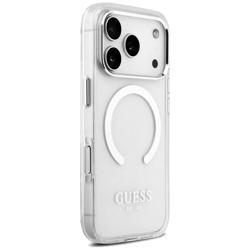 Husa iPhone 17 Pro originala Guess Metal Outline MagSafe, argintiu, GUHMP17LHTRMS