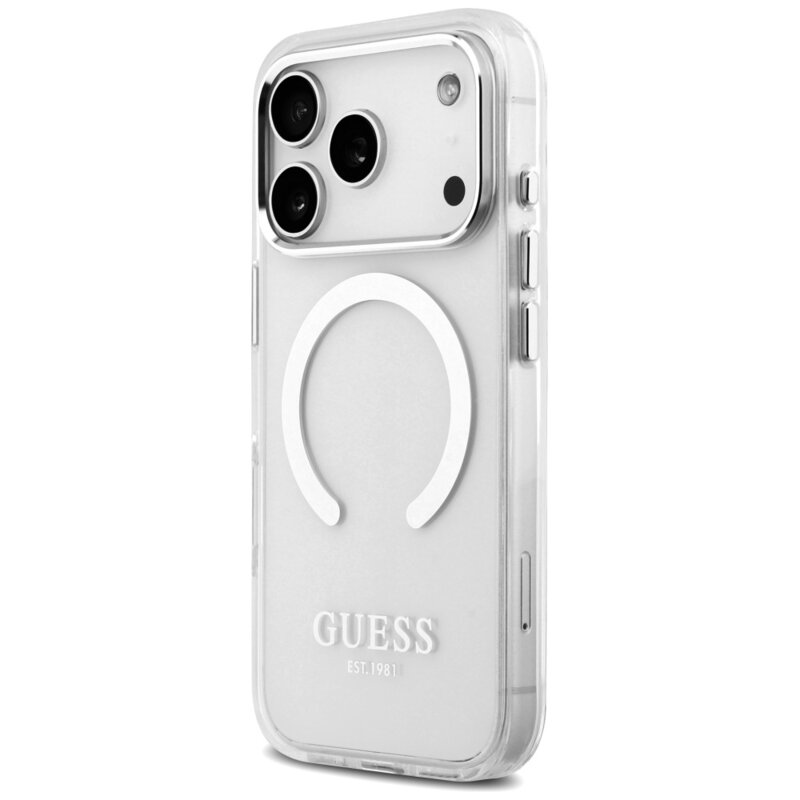 Husa iPhone 17 Pro originala Guess Metal Outline MagSafe, argintiu, GUHMP17LHTRMS