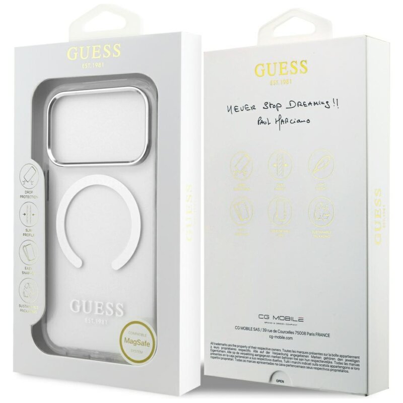 Husa iPhone 17 Pro originala Guess Metal Outline MagSafe, argintiu, GUHMP17LHTRMS
