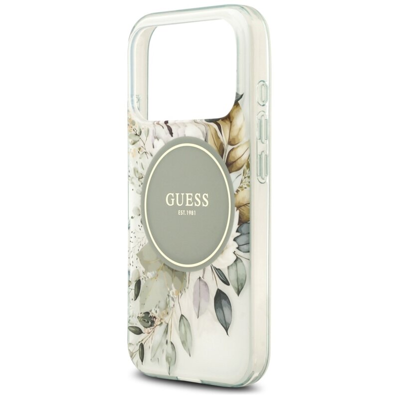 Husa iPhone 17 Pro Max originala Guess IML Flower & Tonal Circle MagSafe, verde, GUHMP17XHFWBDCEN