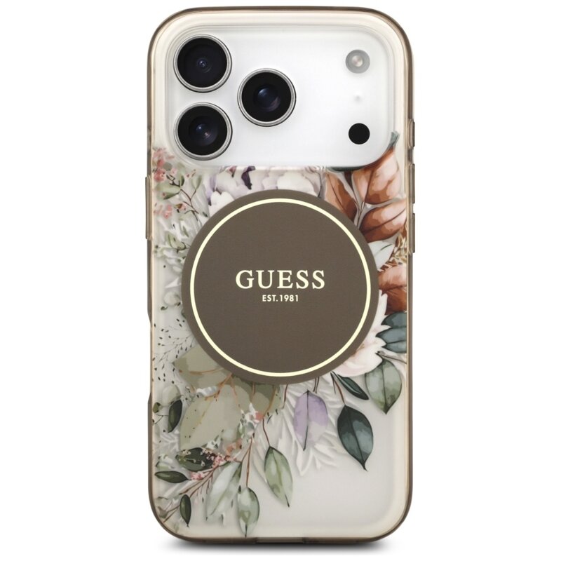 Husa iPhone 17 Pro Max originala Guess IML Flower & Tonal Circle MagSafe, maro, GUHMP17XHFWBDCEW