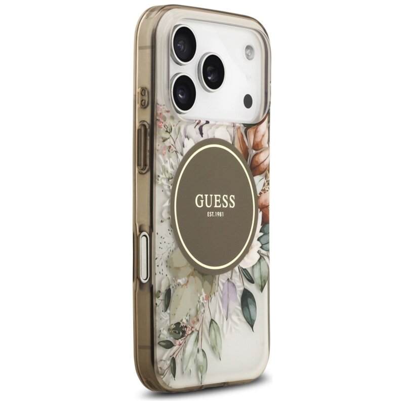 Husa iPhone 17 Pro Max originala Guess IML Flower & Tonal Circle MagSafe, maro, GUHMP17XHFWBDCEW