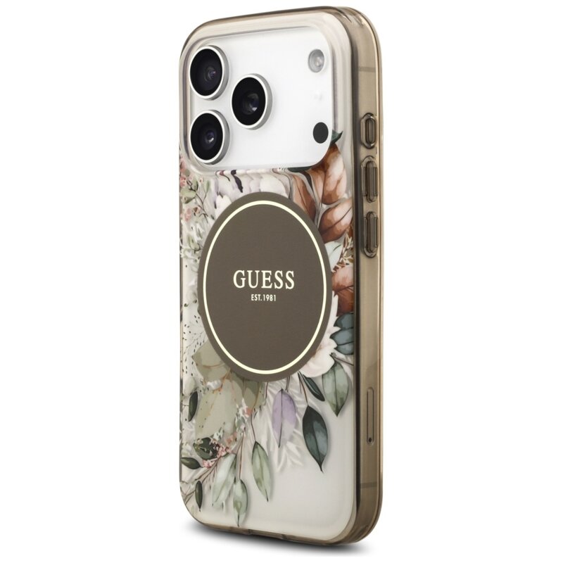 Husa iPhone 17 Pro Max originala Guess IML Flower & Tonal Circle MagSafe, maro, GUHMP17XHFWBDCEW
