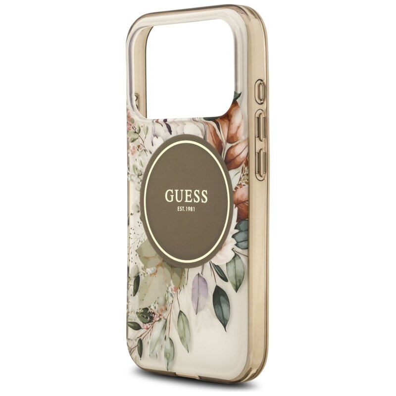 Husa iPhone 17 Pro Max originala Guess IML Flower & Tonal Circle MagSafe, maro, GUHMP17XHFWBDCEW