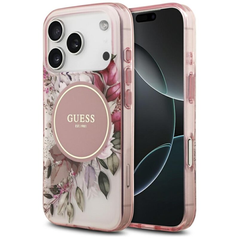 Husa iPhone 17 Pro Max originala Guess IML Flower & Tonal Circle MagSafe, roz, GUHMP17XHFWBDCEP