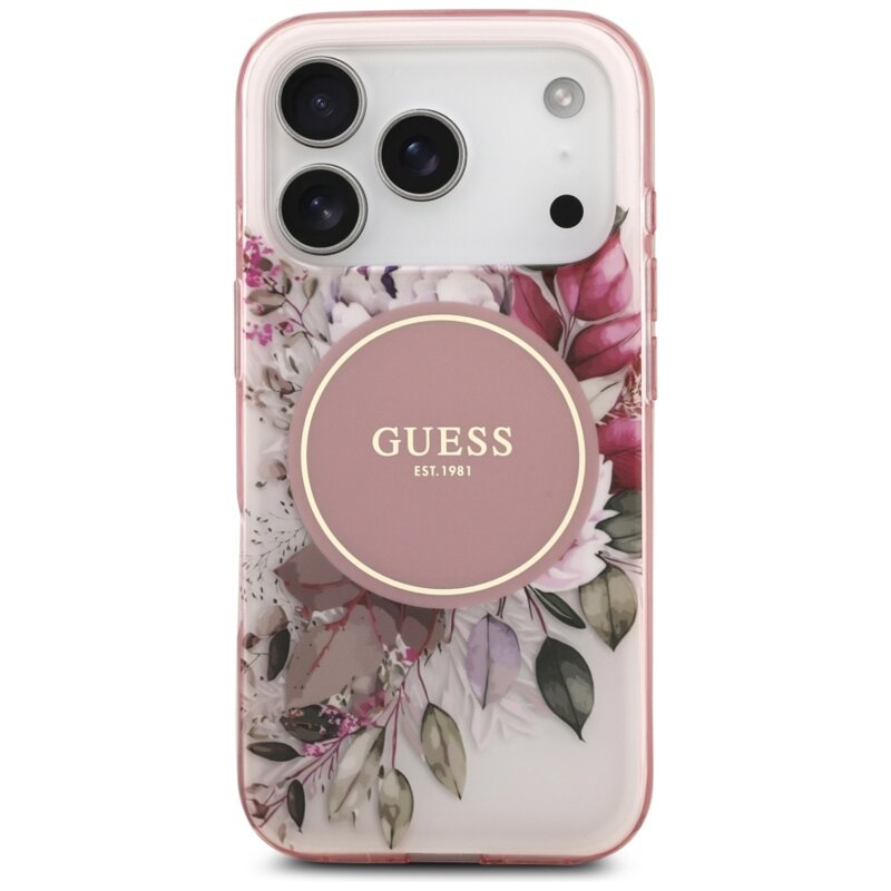 Husa iPhone 17 Pro Max originala Guess IML Flower & Tonal Circle MagSafe, roz, GUHMP17XHFWBDCEP